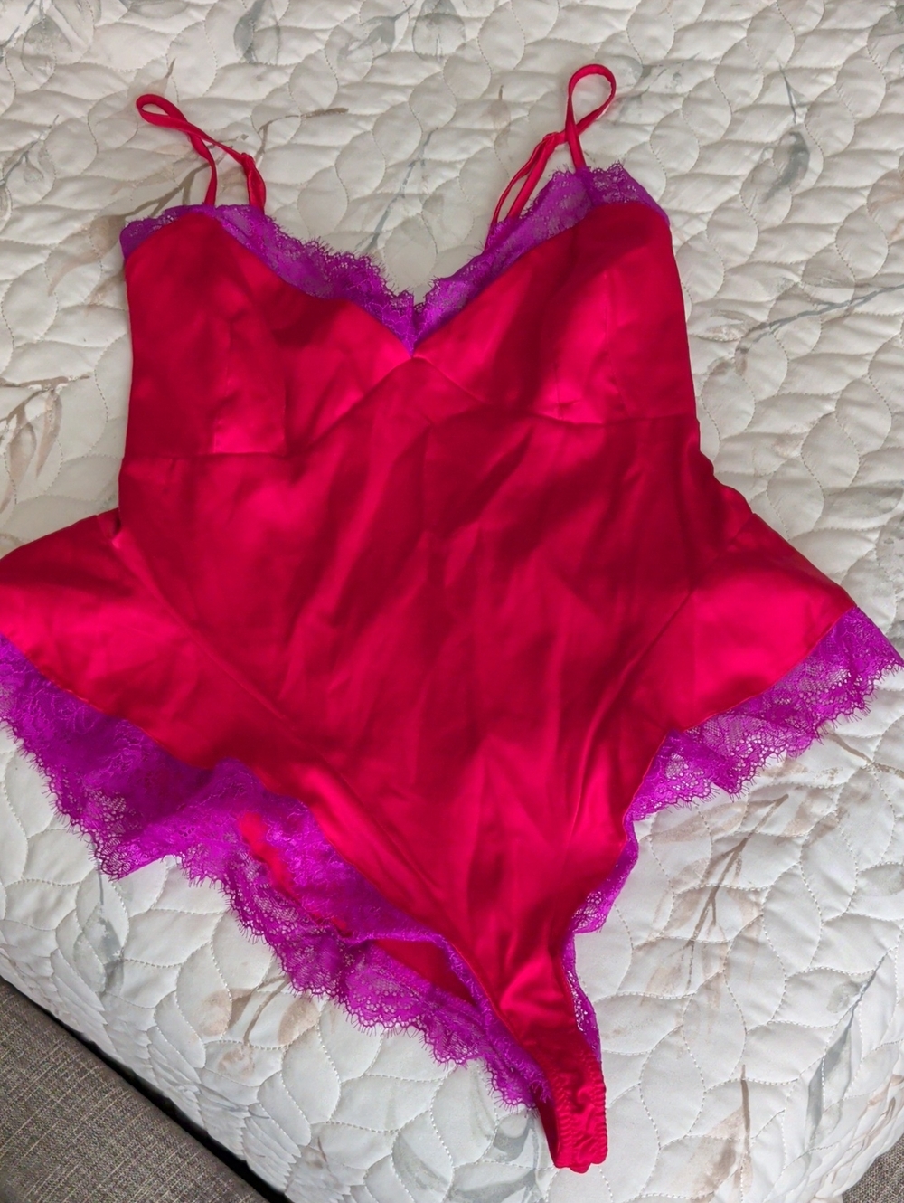Savage X Fenty Hot Pink Bodysuit with Purple Lace Trim
